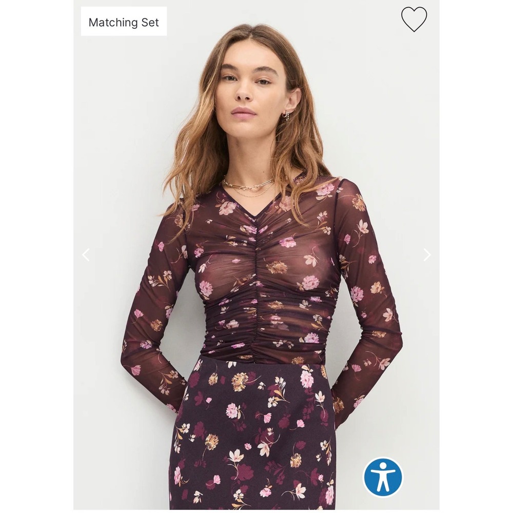 Favorite Daughter The Mesh Party Top Floral Ruched Long Sleeve V-Neck Plum M NWT